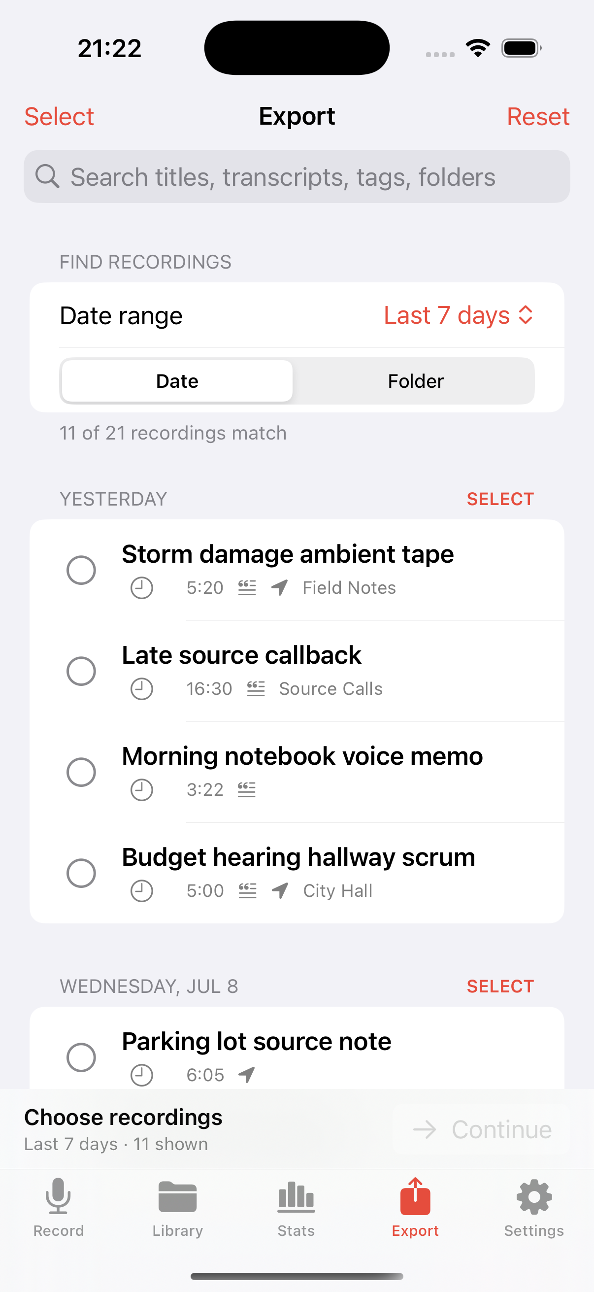 The current Dispatch Export screen showing selectable recordings