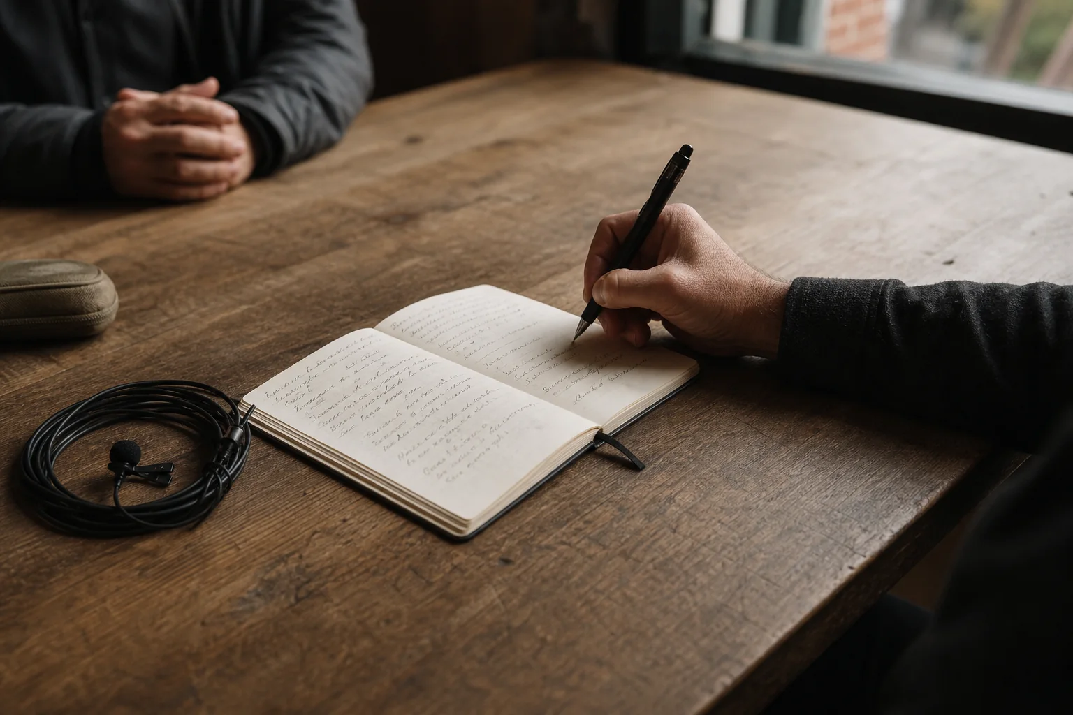 A reporter taking notes during an interview at a wooden table